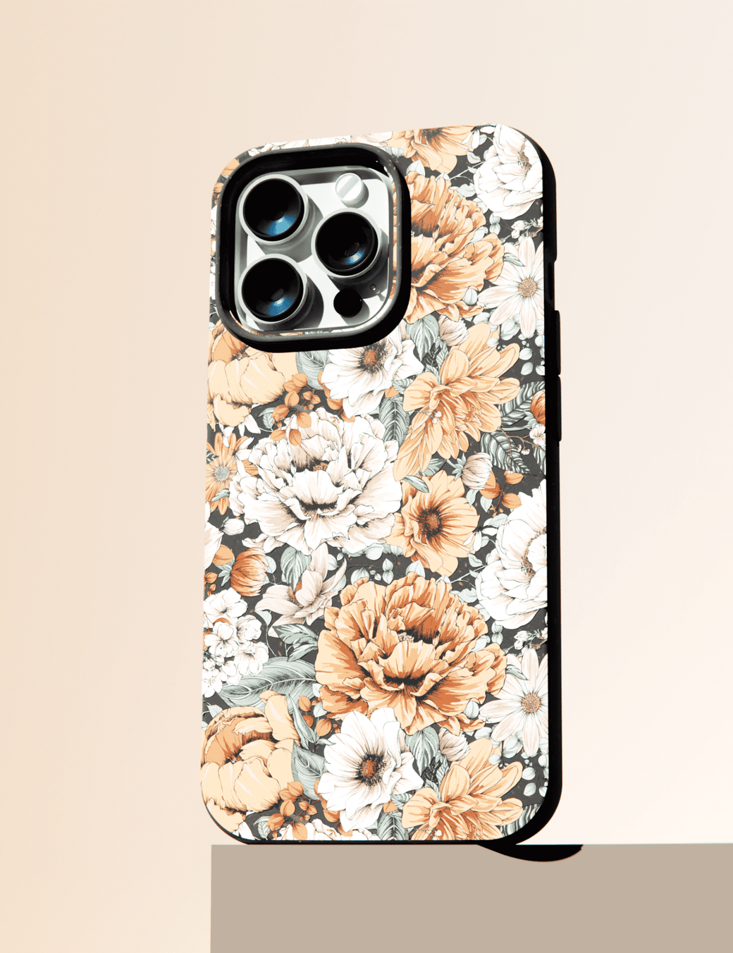 Black Peachy Peonies iPhone 14 Pro Max Case with MagSafe Module